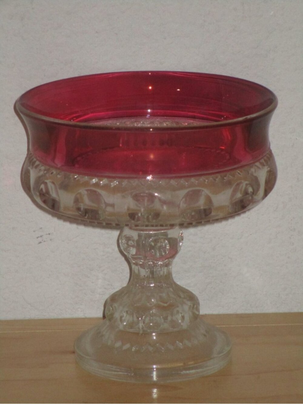 Indian Glass Compote Dish Kings Pattern Ruby Red Rim Thumbprint Vintage Good